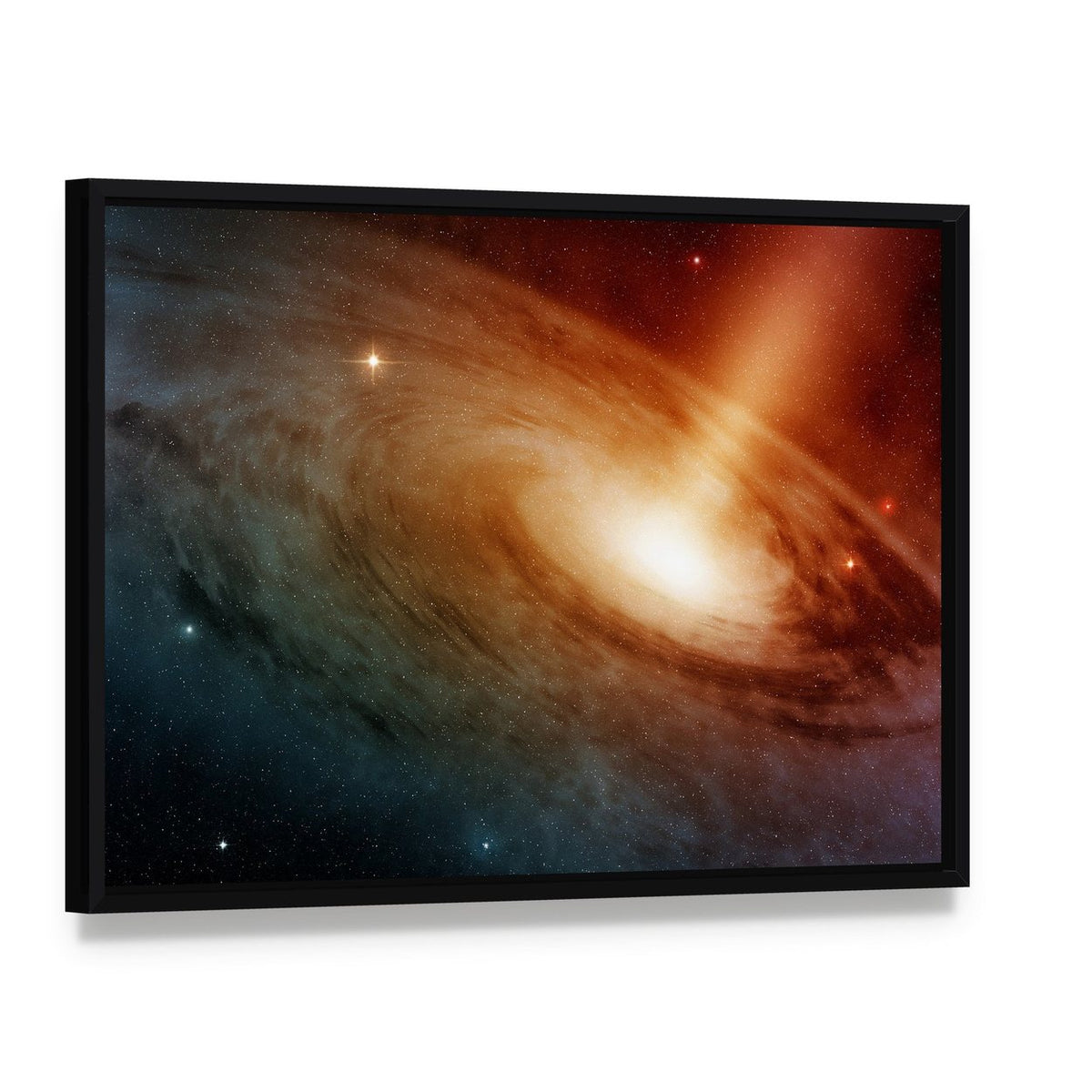 Spiral Galaxy System Glowing Into Deep Space Canvas Wall Art, framed canvas in a black floater frame, angled product view