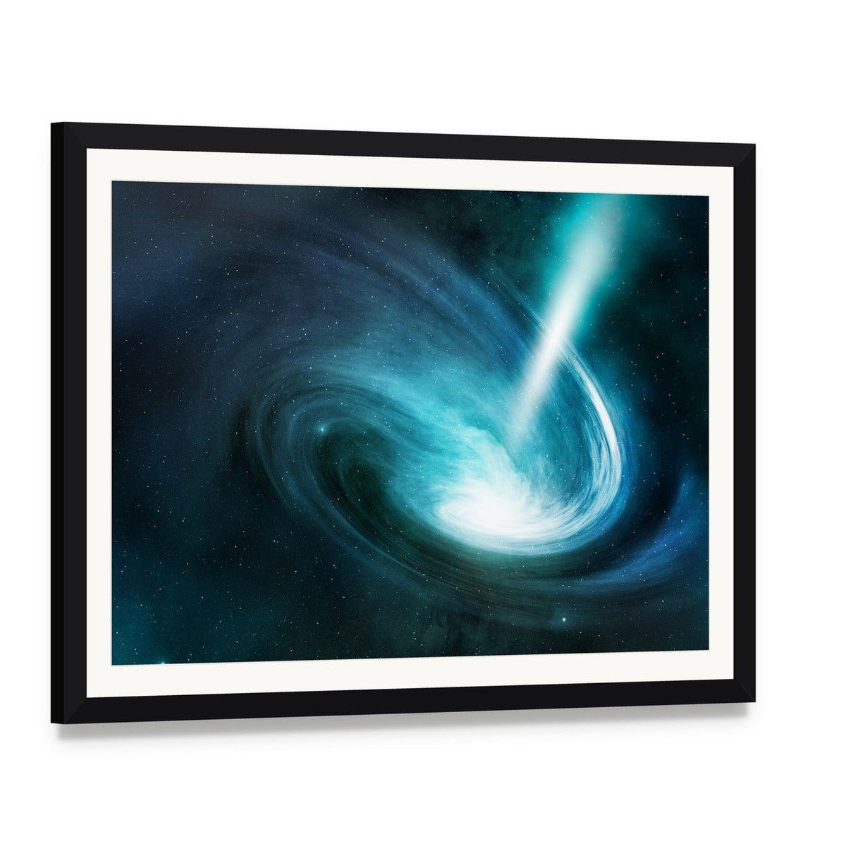 Spiral Nebula and Light Ray Canvas Wall Art, framed print with white mat and black frame, angled product view