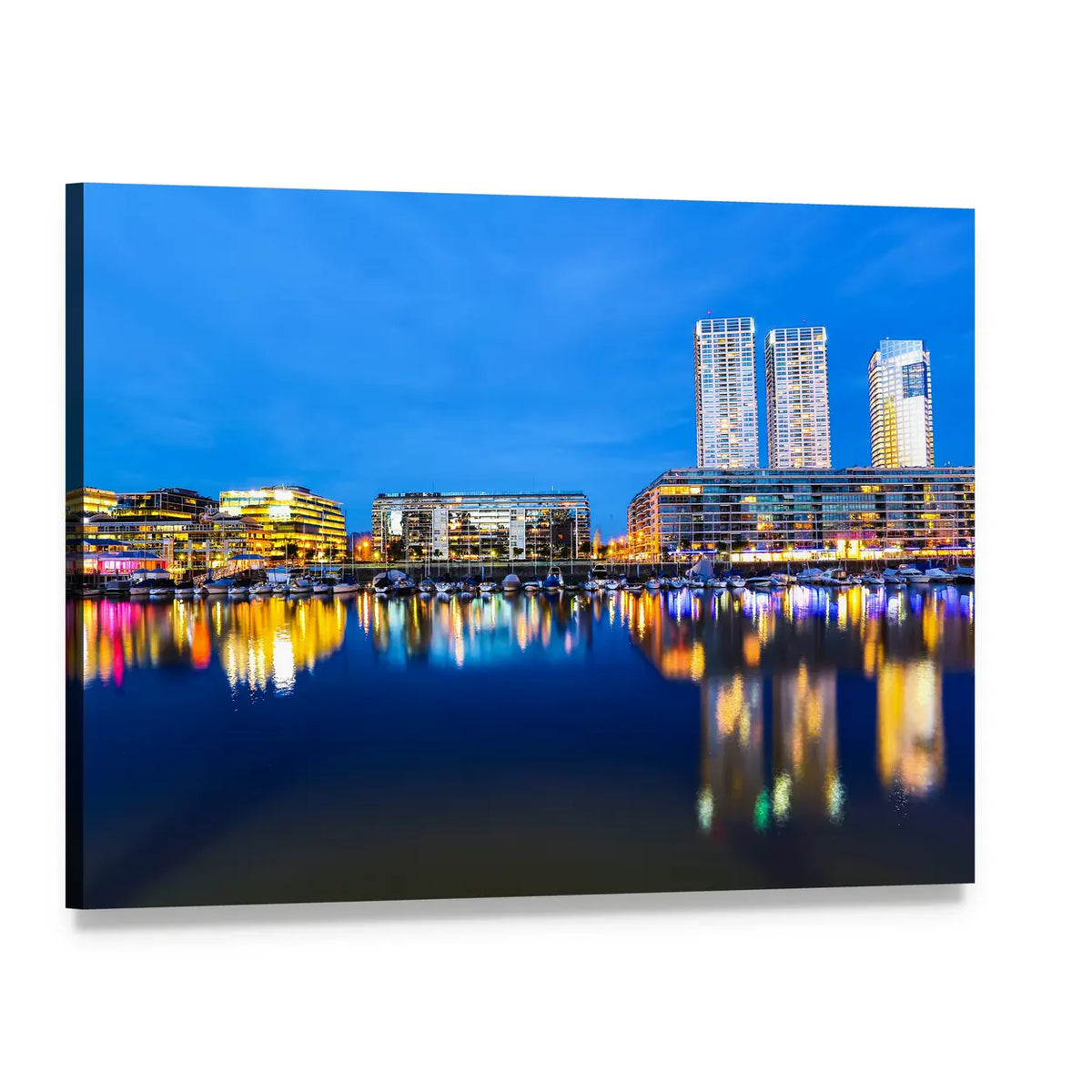 Buenos Aires Night Waterfront Reflections Canvas Wall Art, single panel gallery wrapped canvas, angled product view