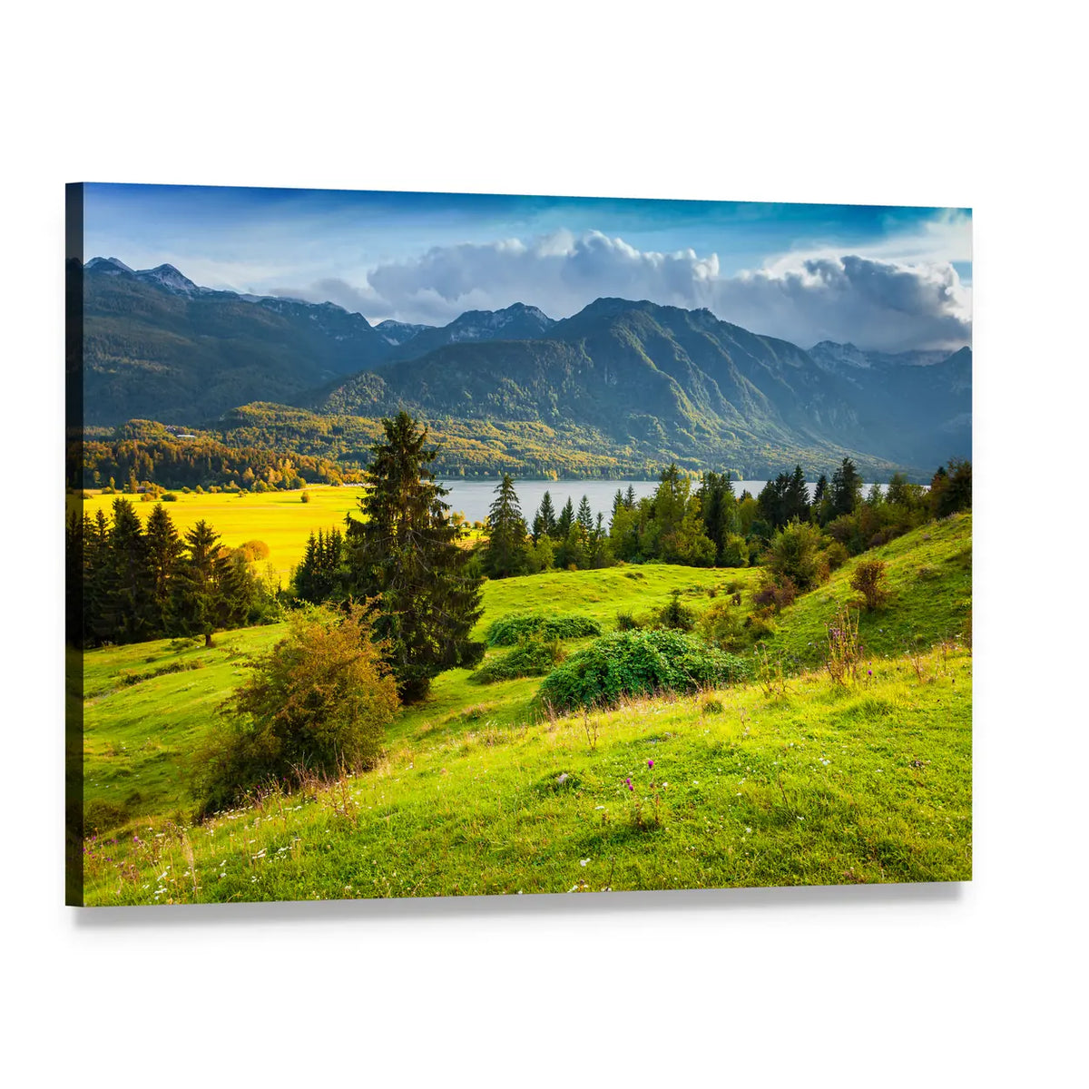 Morning on Bohinj Lake Canvas Wall Art, single panel gallery wrapped canvas, angled product view