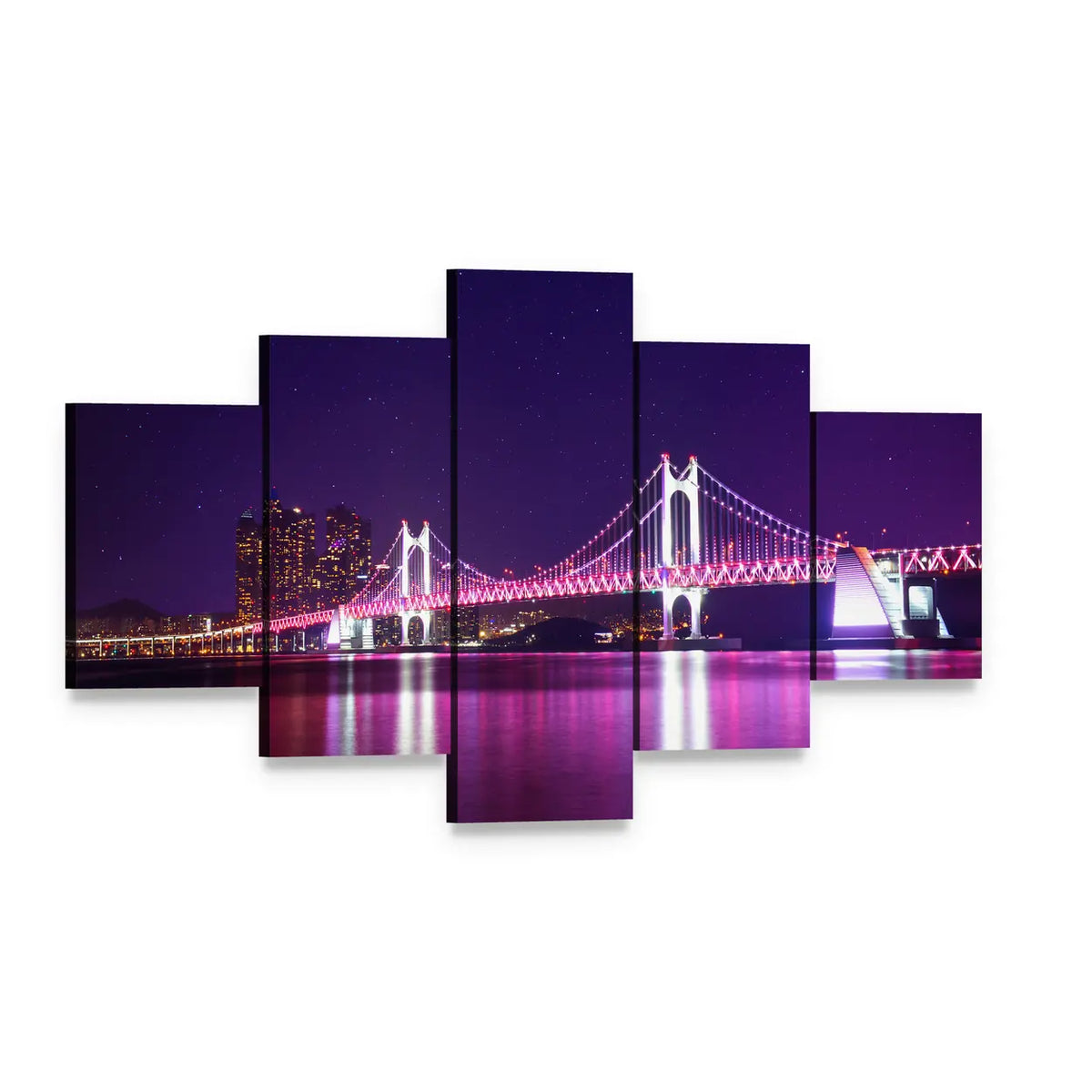 Gwangan Bridge at Night Canvas Wall Art, 5 panel 5 Star layout gallery wrapped canvas set, angled product view