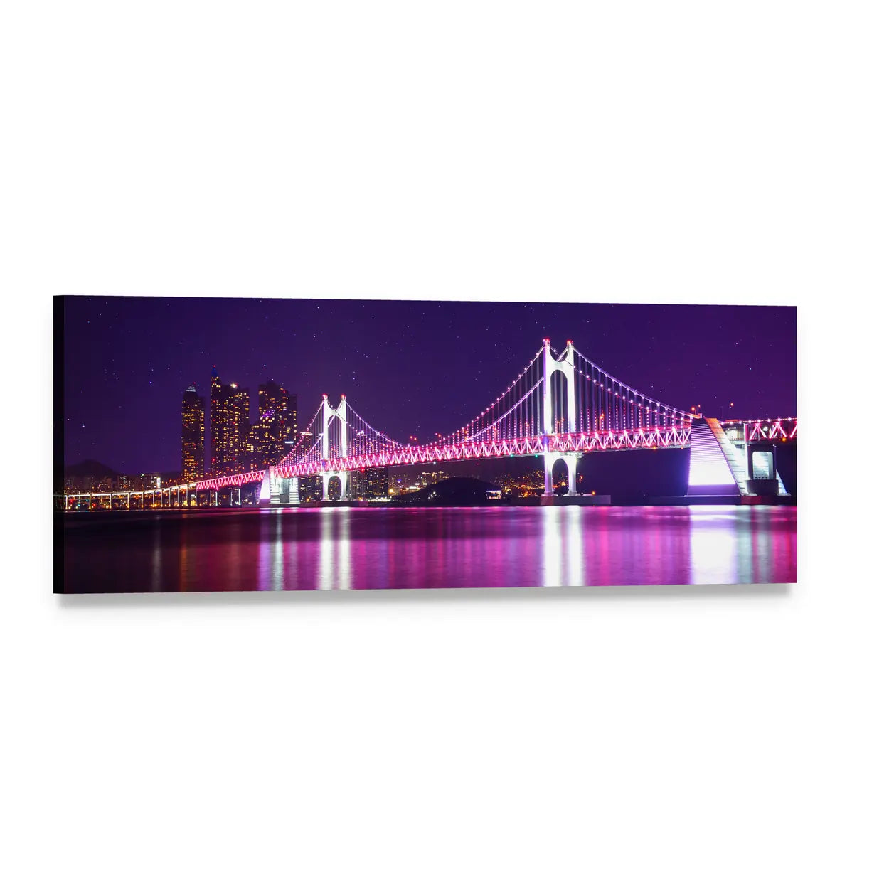 Gwangan Bridge at Night Panoramic Canvas Wall Art, single panel gallery wrapped canvas, angled product view