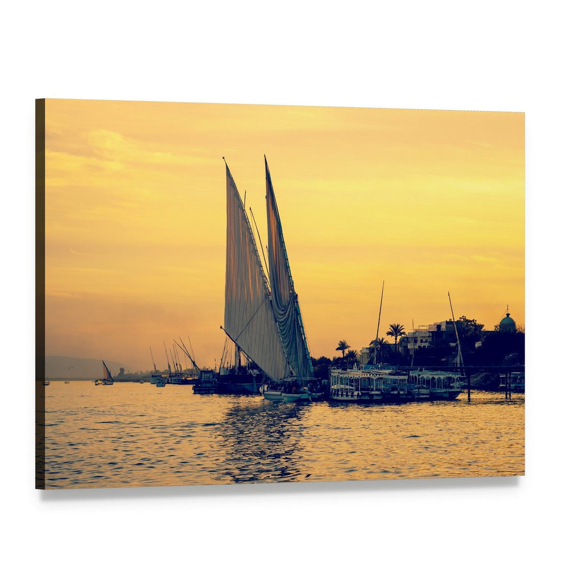 Sunset Over Nile River with Sailboats Canvas Wall Art, single panel gallery wrapped canvas, angled product view