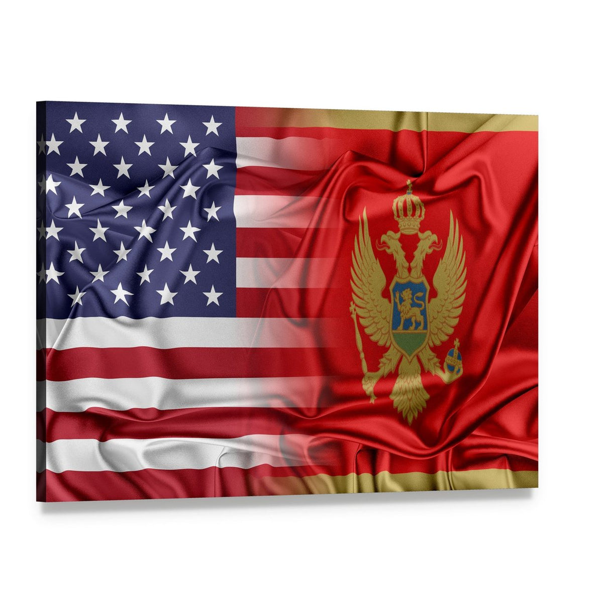 Usa and Montenegro Flags Canvas Wall Art, single panel gallery wrapped canvas, angled product view