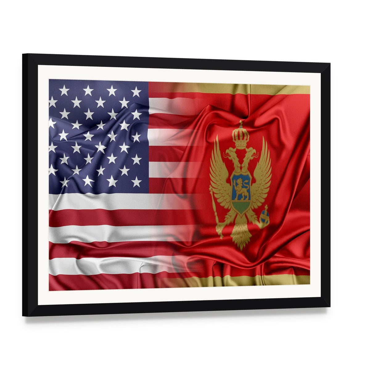 Usa and Montenegro Flags Canvas Wall Art, framed print with white mat and black frame, angled product view