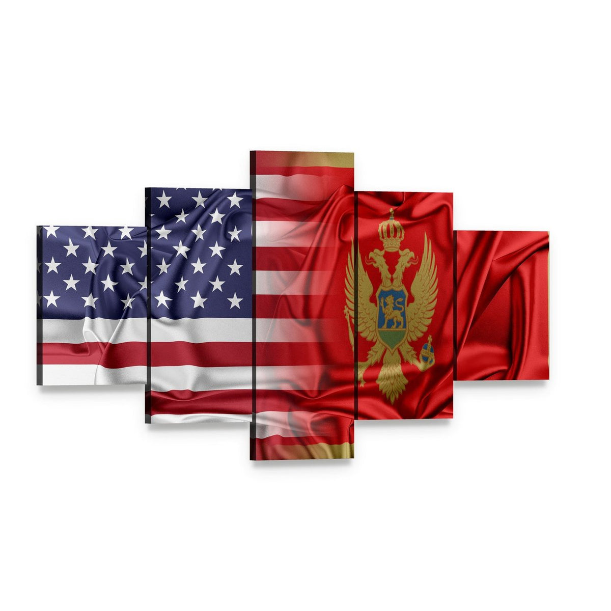 Usa and Montenegro Flags Canvas Wall Art, 5 panel 5 Star layout gallery wrapped canvas set, angled product view
