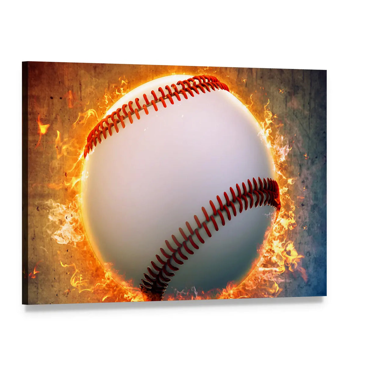 Baseball on Fire Canvas Wall Art, single panel gallery wrapped canvas, angled product view