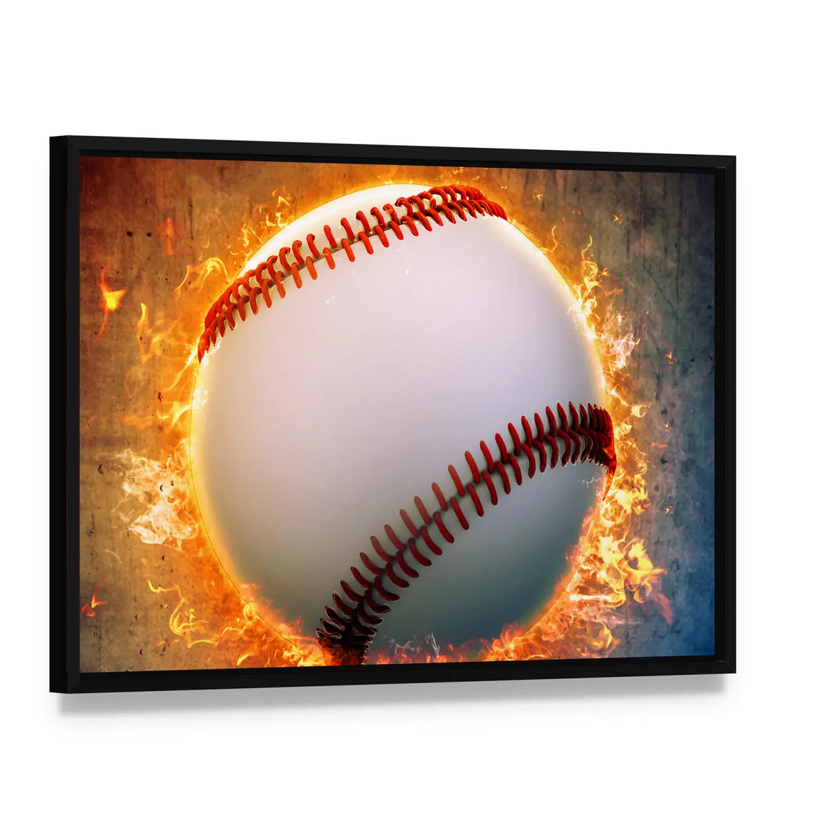 Baseball on Fire Canvas Wall Art, framed canvas in a black floater frame, angled product view