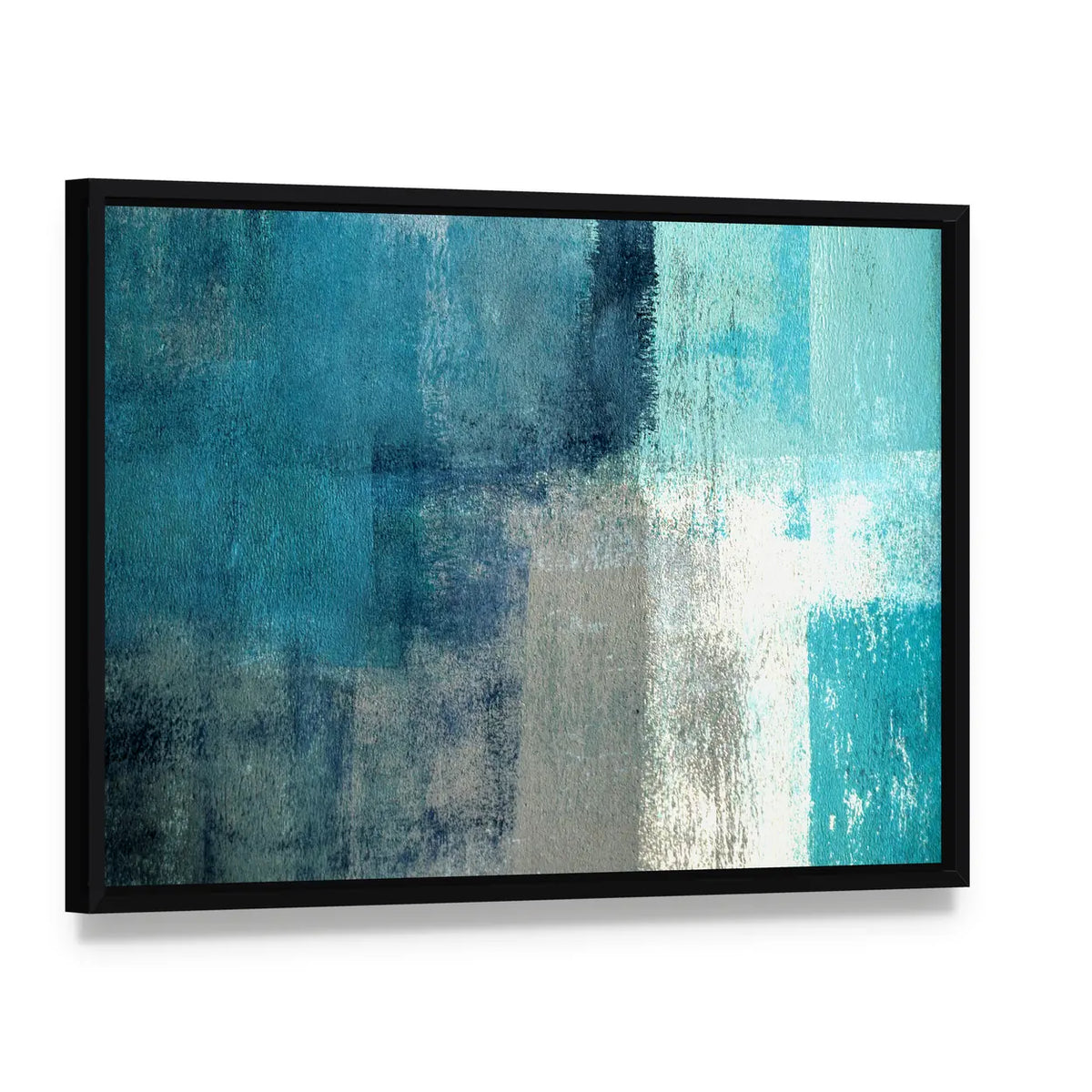 Layered Turquoise Abstract Rectangles Canvas Wall Art, framed canvas in a black floater frame, angled product view