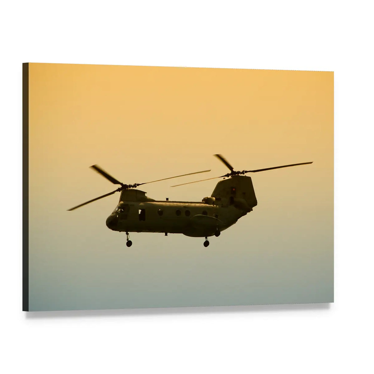 Ch-47 Chinook Silhouette at Dawn Canvas Wall Art, single panel gallery wrapped canvas, angled product view