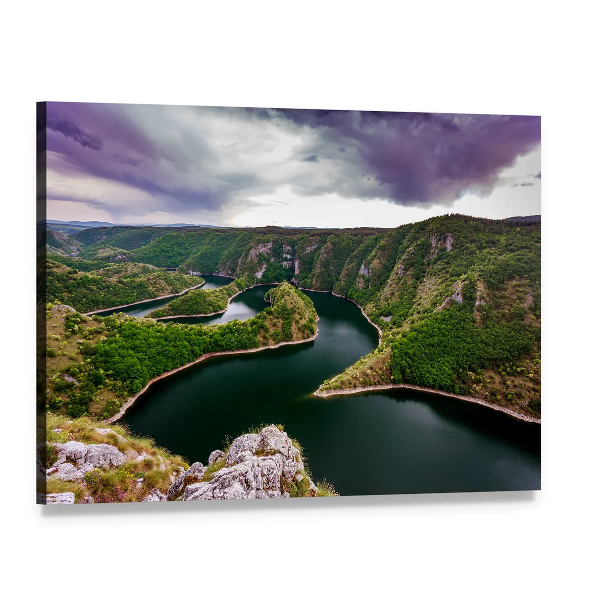 Meandering River Through Green Canyon Canvas Wall Art, single panel gallery wrapped canvas, angled product view