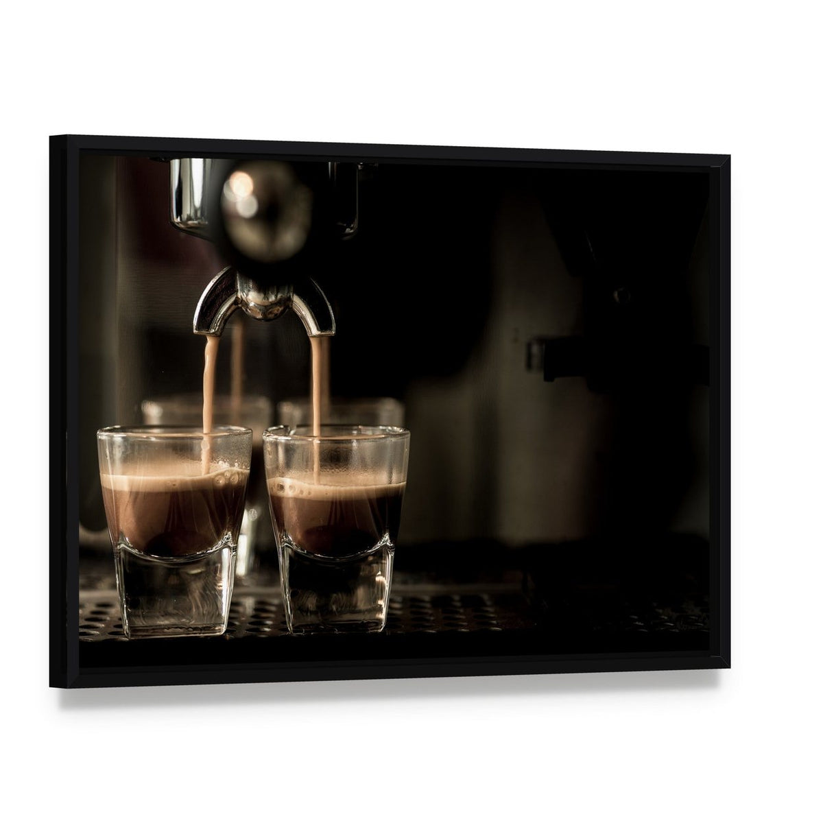 Espresso Coffee Canvas Wall Art, framed canvas in a black floater frame, angled product view