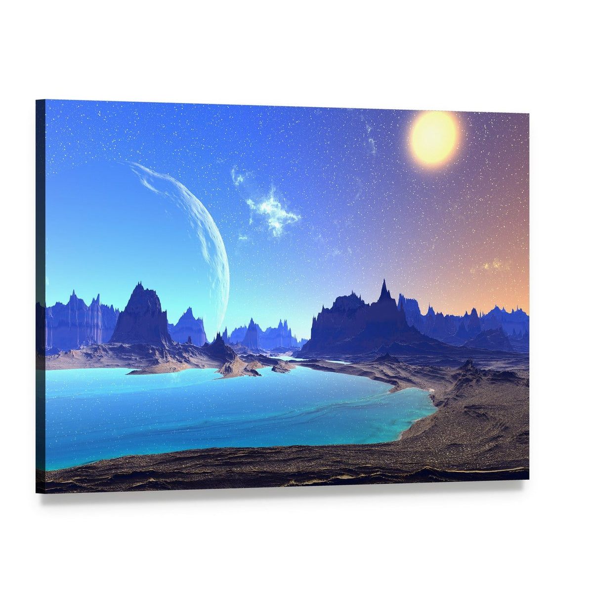 Alien Moon Over Mountain Lake Canvas Wall Art, single panel gallery wrapped canvas, angled product view