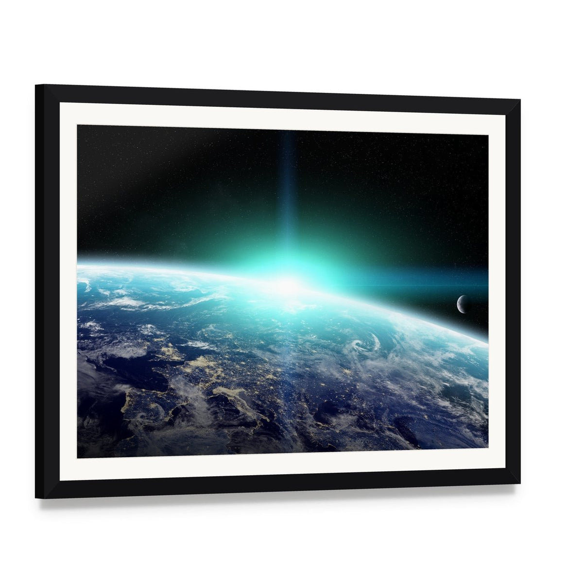 Bright Sun Over Planet Earth Canvas Wall Art, framed print with white mat and black frame, angled product view