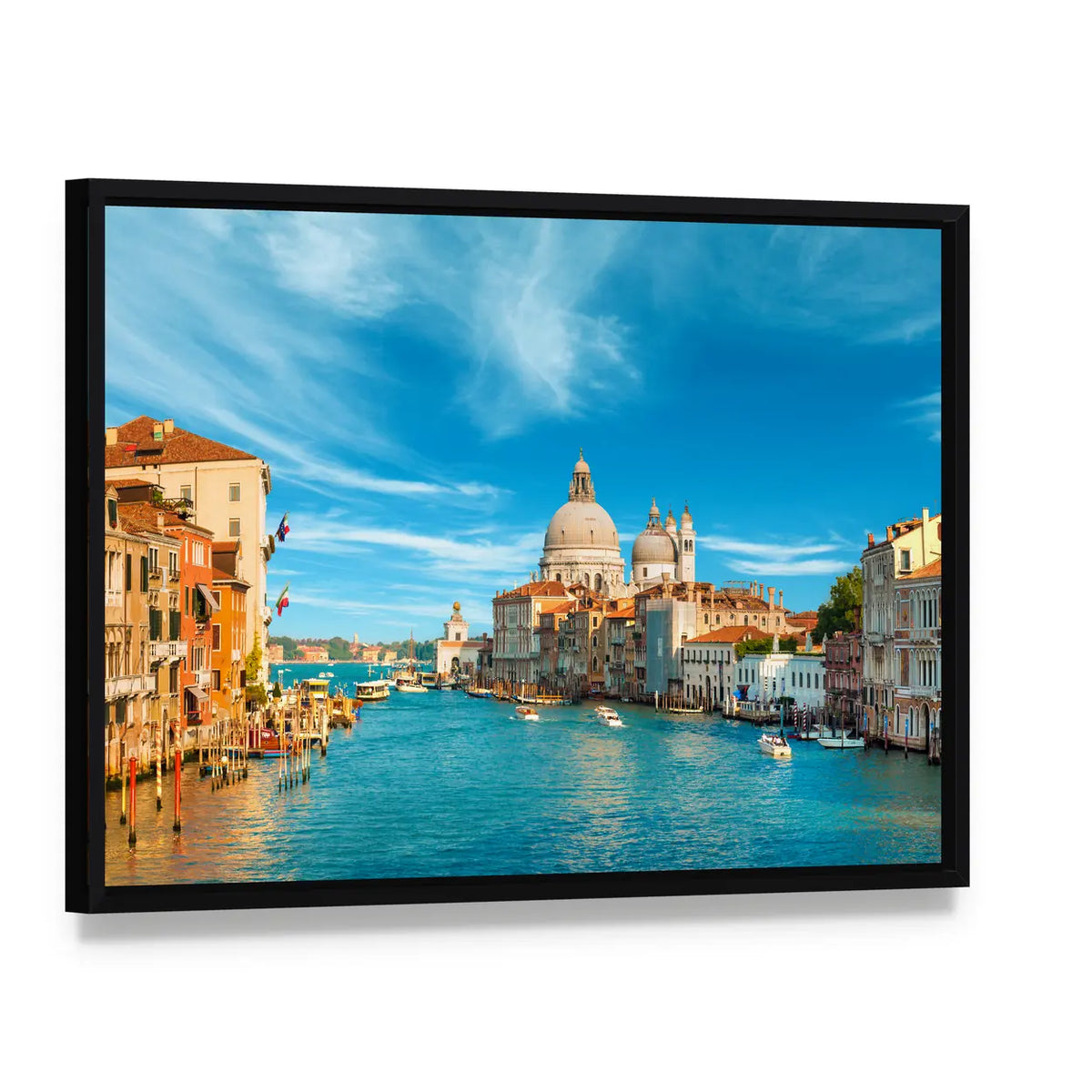 Venice Grand Canal with Santa Maria Della Salute Canvas Wall Art, framed canvas in a black floater frame, angled product view