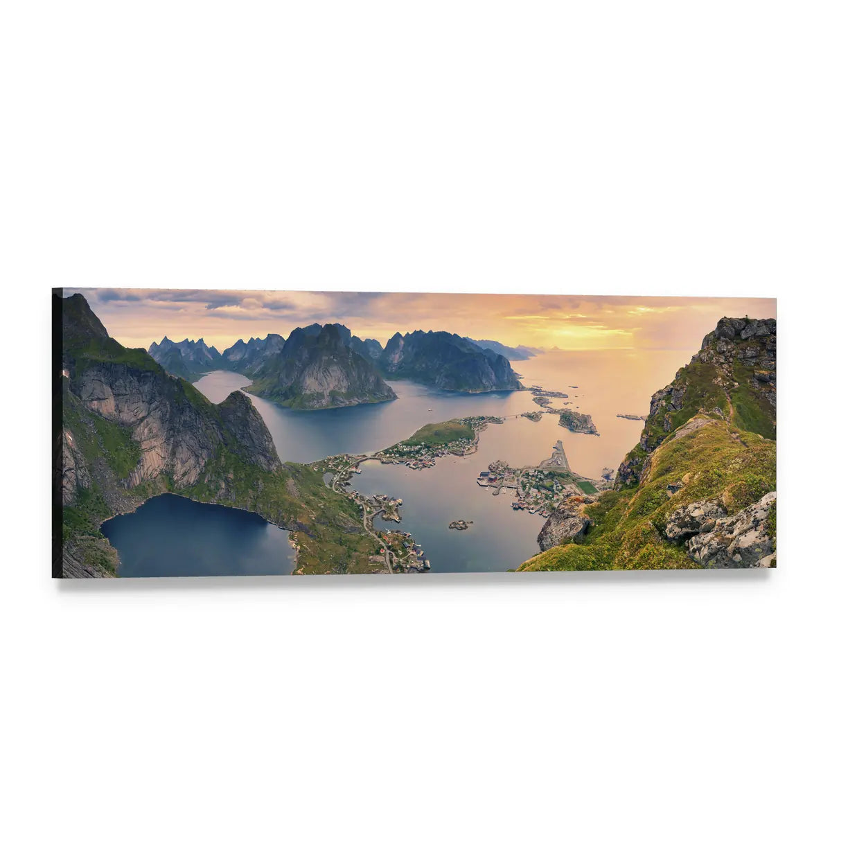 Sunrise Over Coastal Fjords Panoramic Canvas Wall Art, single panel gallery wrapped canvas, angled product view