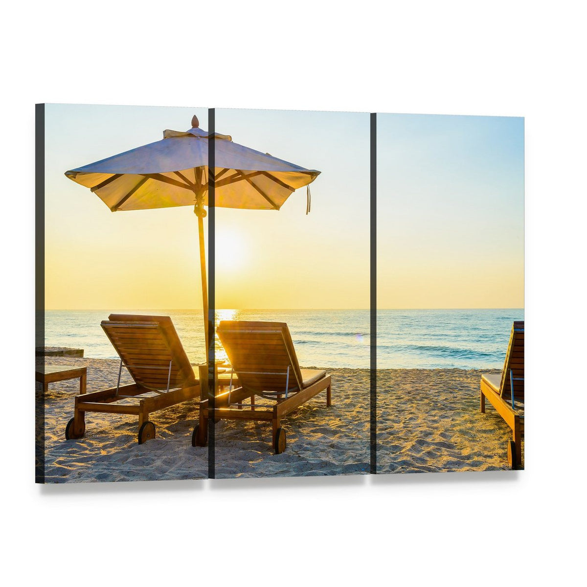 Beach Bed with Sun Flare Canvas Wall Art, 3 panel 3 Horizontal layout gallery wrapped canvas set, angled product view