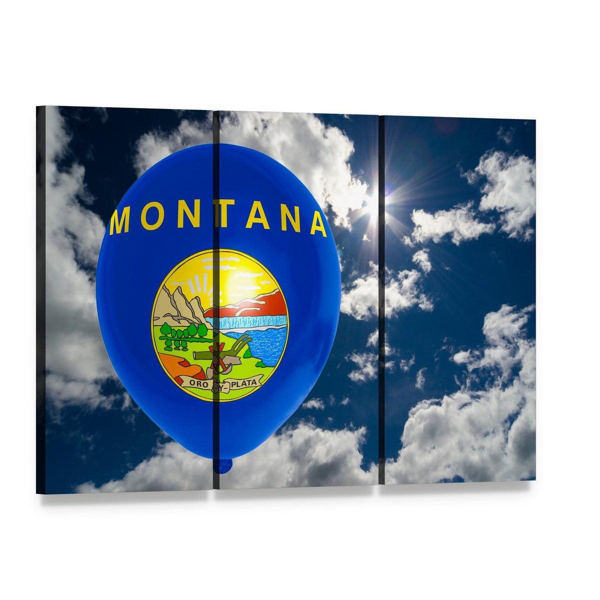 Montana Flag on Balloon Canvas Wall Art, 3 panel 3 Horizontal layout gallery wrapped canvas set, angled product view