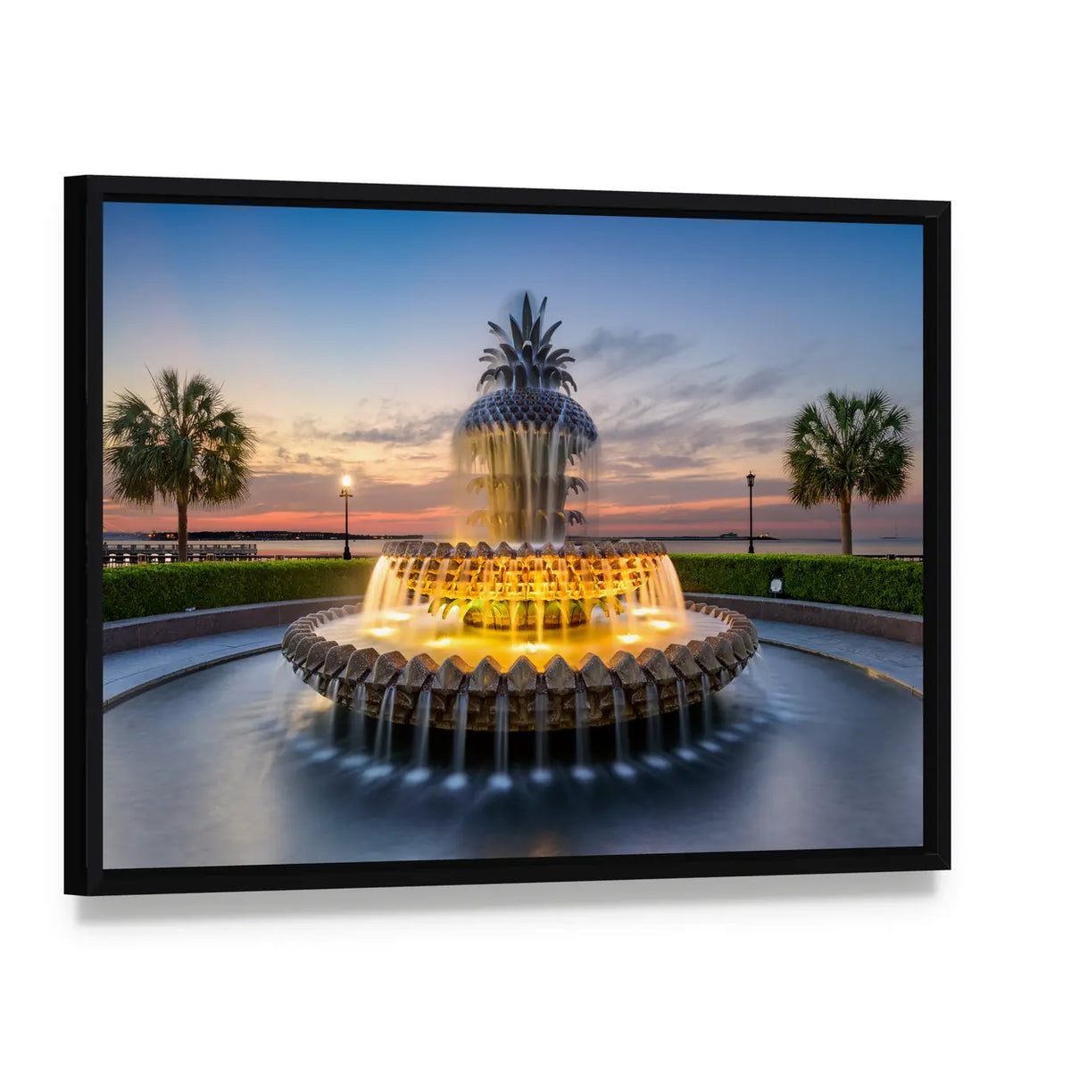 Waterfront Park Pineapple Fountain Canvas Wall Art, framed canvas in a black floater frame, angled product view