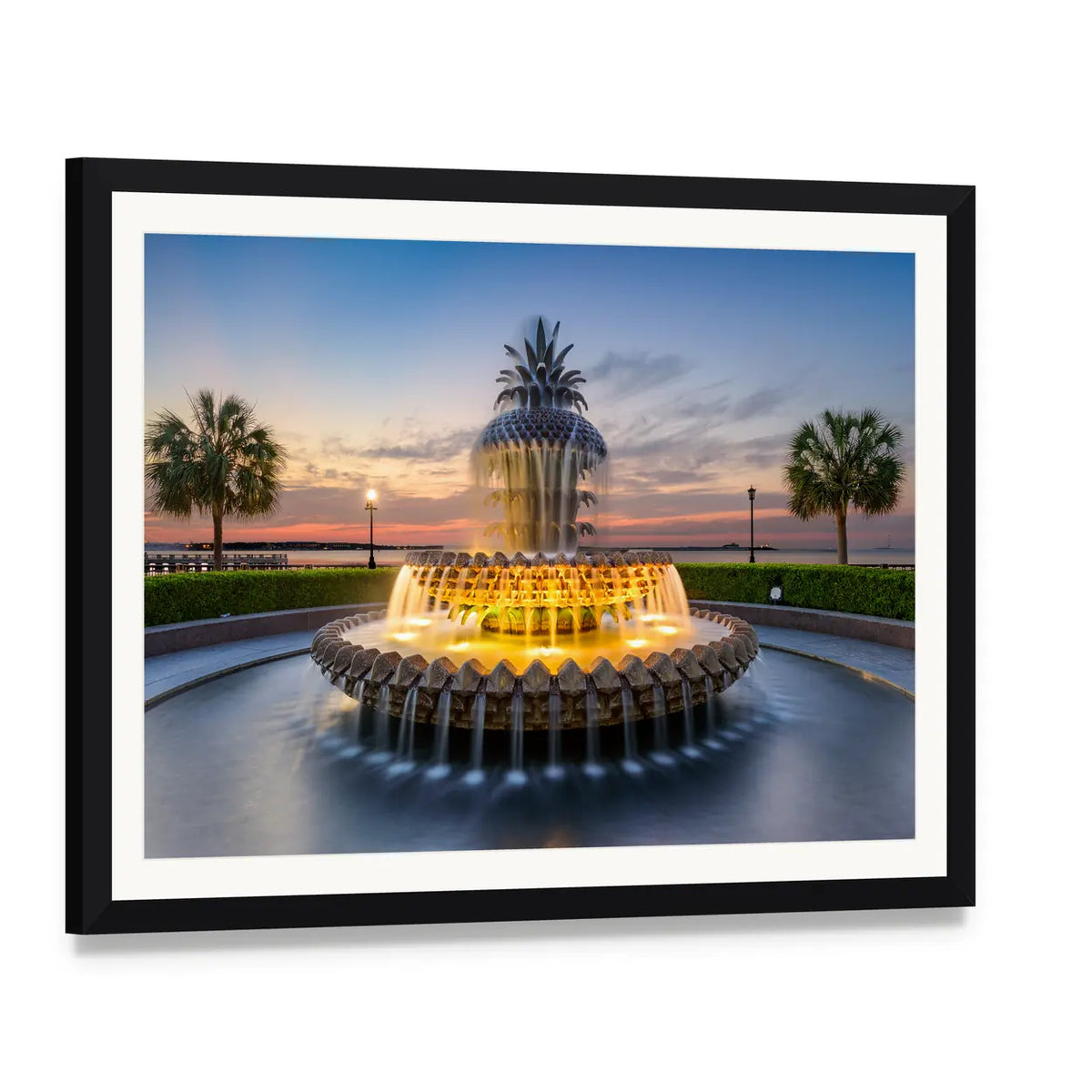 Waterfront Park Pineapple Fountain Canvas Wall Art, framed print with white mat and black frame, angled product view