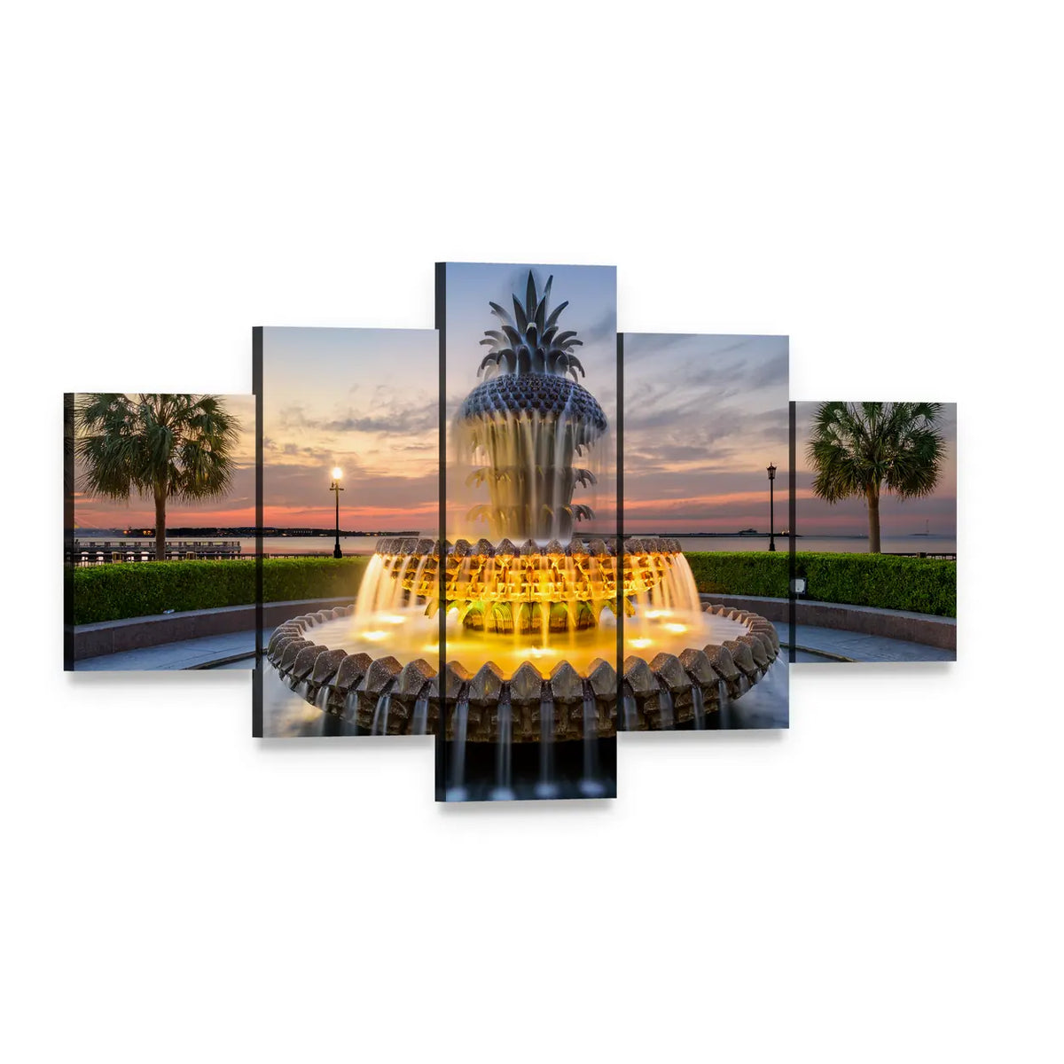 Waterfront Park Pineapple Fountain Canvas Wall Art, 5 panel 5 Star layout gallery wrapped canvas set, angled product view
