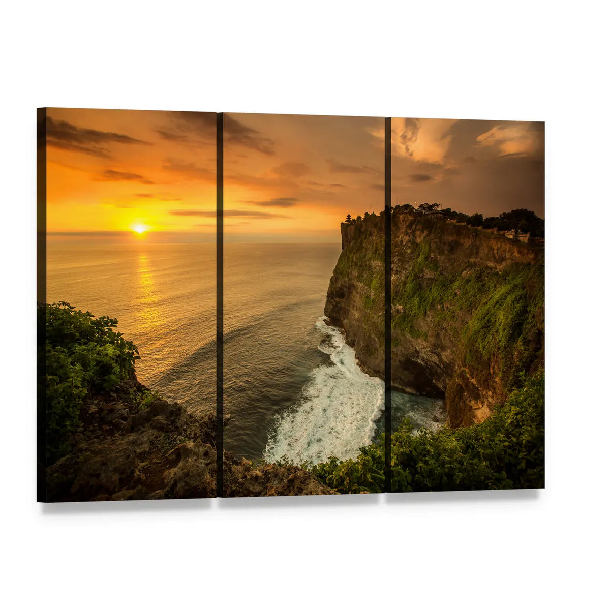 Uluwatu Temple Sunset Canvas Wall Art, 3 panel 3 Horizontal layout gallery wrapped canvas set, angled product view