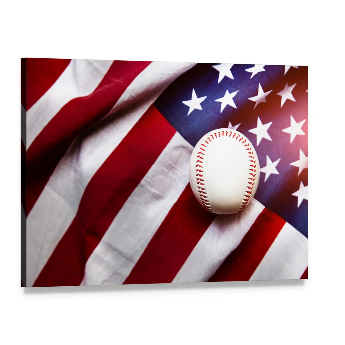 Baseball on American Flag Canvas Wall Art, single panel gallery wrapped canvas, angled product view