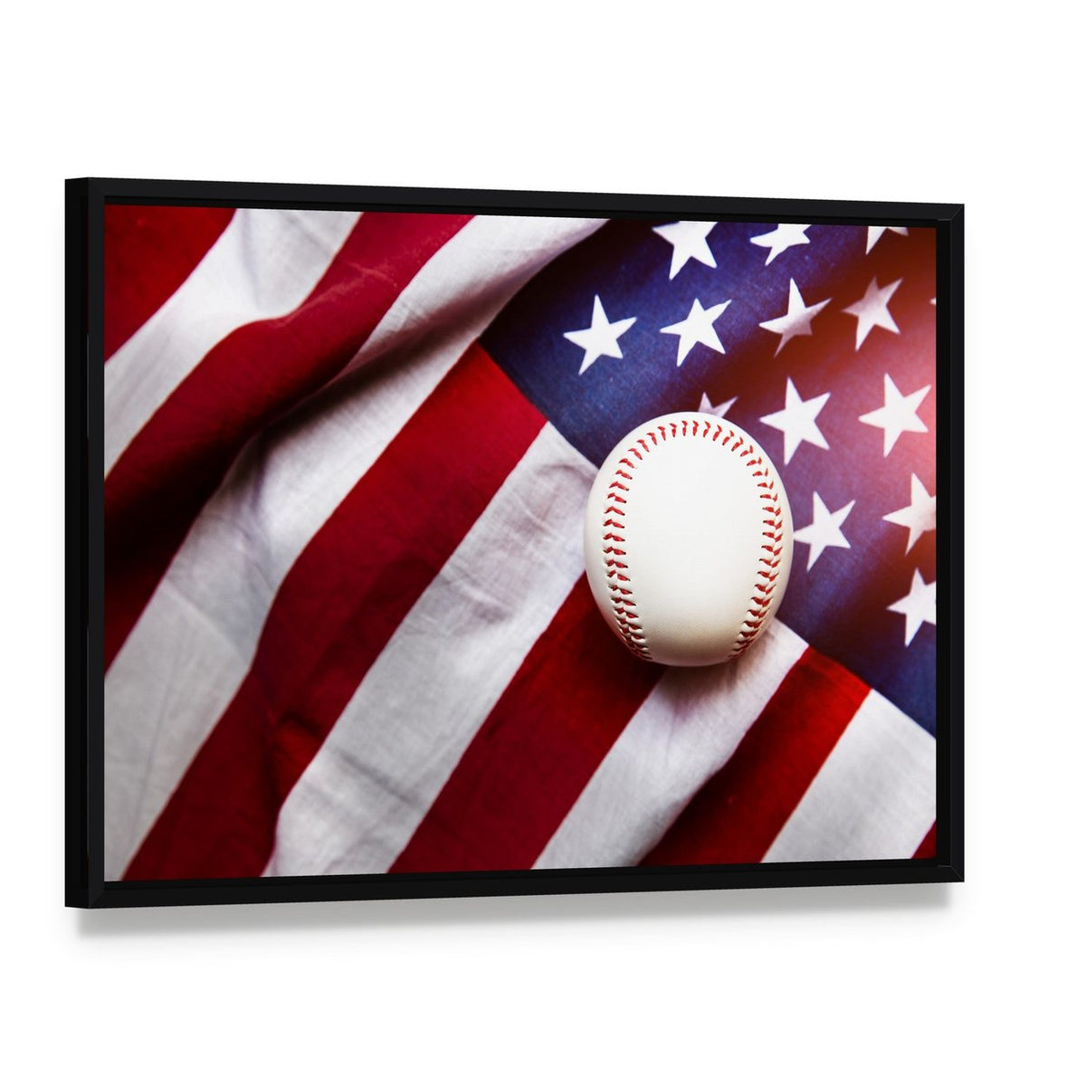 Baseball on American Flag Canvas Wall Art, framed canvas in a black floater frame, angled product view