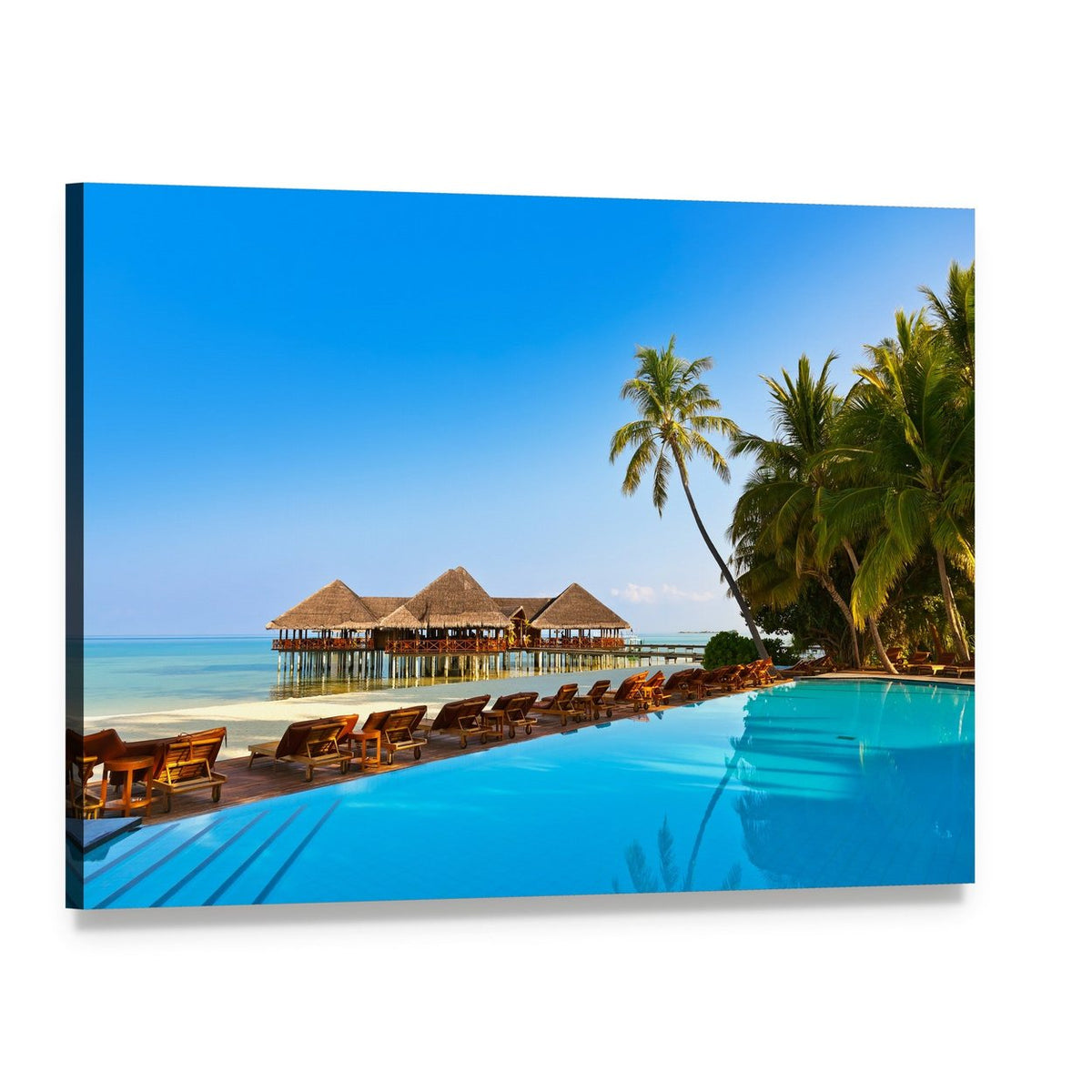 Maldives Resort Infinity Pool Canvas Wall Art, single panel gallery wrapped canvas, angled product view