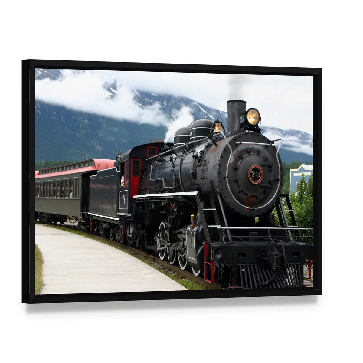 Number 73 Steam Locomotive Departing Station Canvas Wall Art, framed canvas in a black floater frame, angled product view