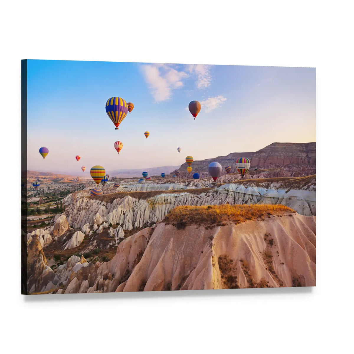 Hot Air Balloons Over Fairy Chimneys at Dawn Canvas Wall Art, single panel gallery wrapped canvas, angled product view