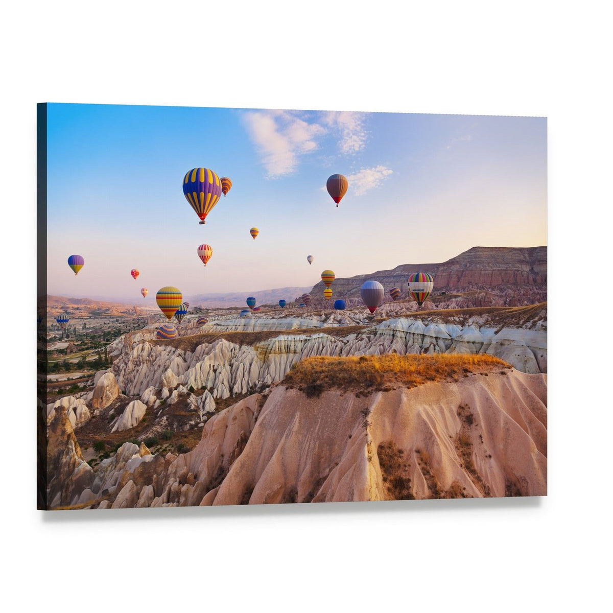 Hot Air Balloons Over Cappadocia Sunrise Canvas Wall Art, single panel gallery wrapped canvas, angled product view