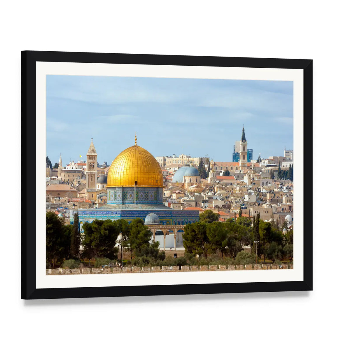 Dome of the Rock in Jerusalem Canvas Wall Art, framed print with white mat and black frame, angled product view