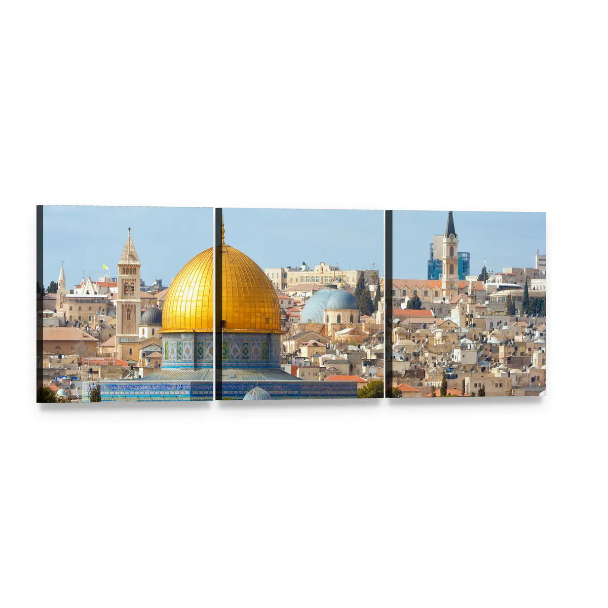 Temple Mount, Jerusalem Panoramic Canvas Wall Art, 3 panel 3 Piece layout gallery wrapped canvas set, angled product view