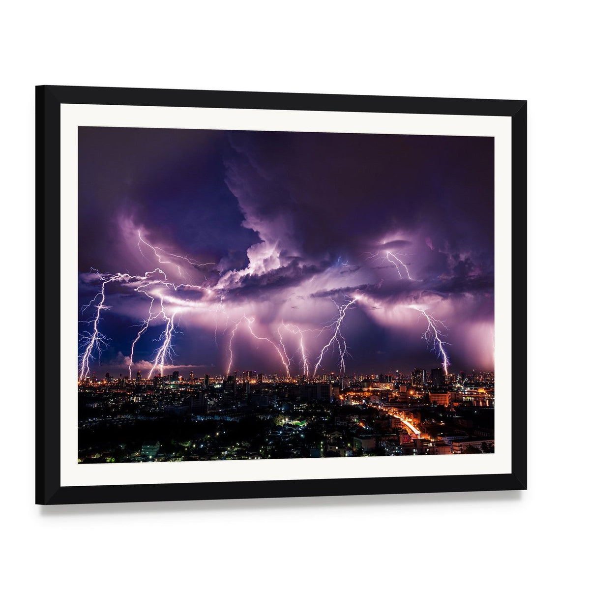 Purple Lightning Strikes Over City Skyline Canvas Wall Art, framed print with white mat and black frame, angled product view