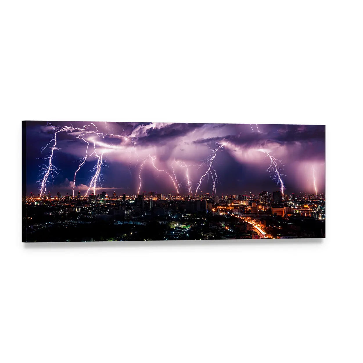Purple Lightning Over City Panoramic Canvas Wall Art, single panel gallery wrapped canvas, angled product view