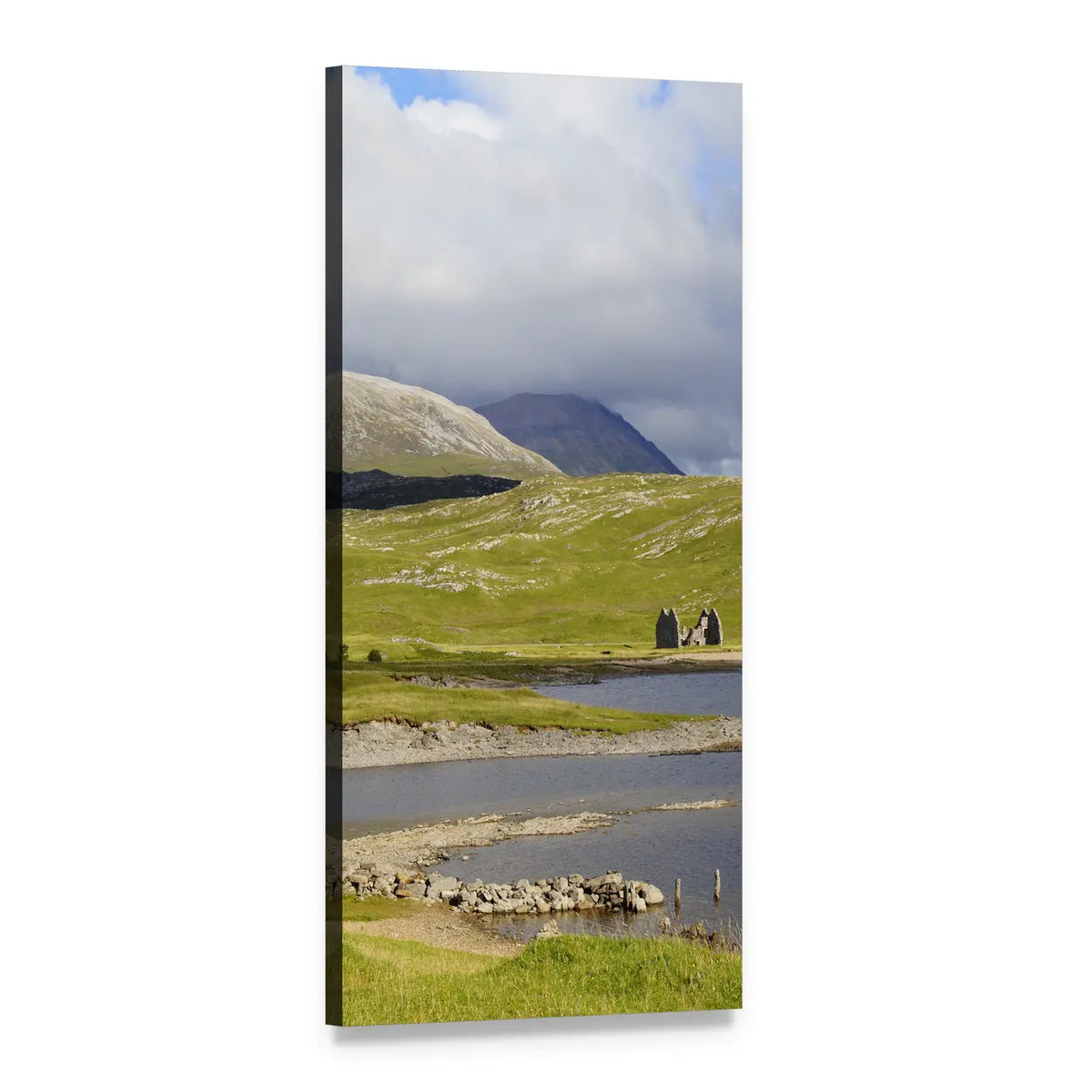Scottish Summer Hills and Lake Vertical Canvas Wall Art, 1 panel 1 Vertical layout gallery wrapped canvas set, angled product view