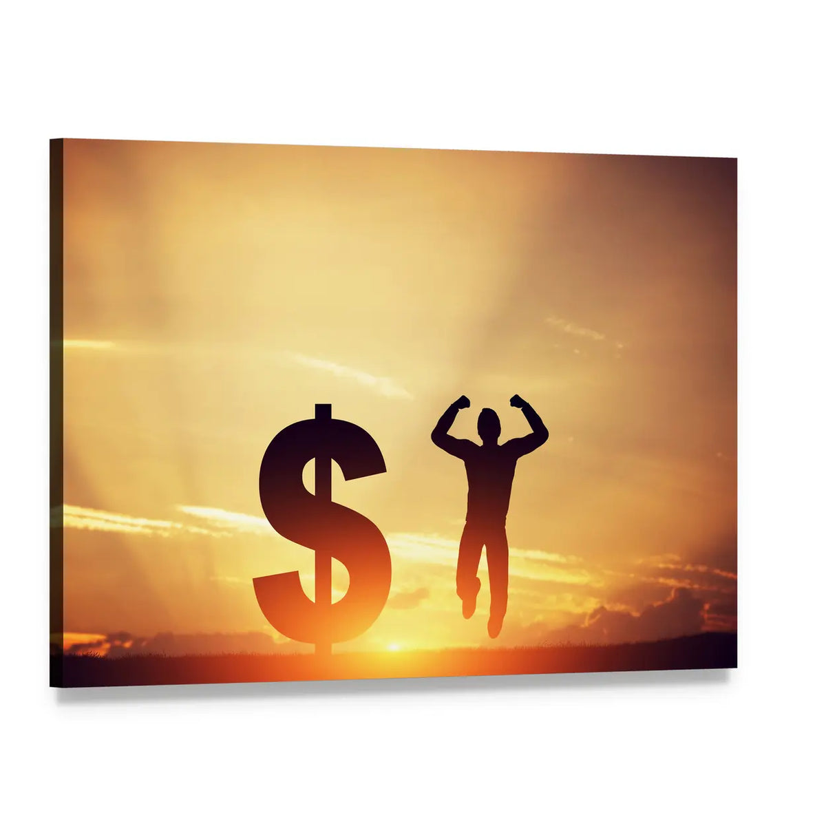 Leaping Man with Dollar Sign Canvas Wall Art, single panel gallery wrapped canvas, angled product view