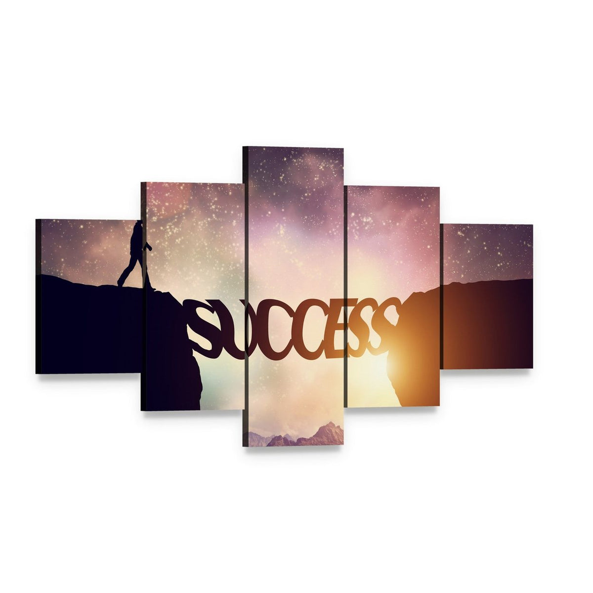 Success Bridge with Walking Silhouette Canvas Wall Art, 5 panel 5 Star layout gallery wrapped canvas set, angled product view