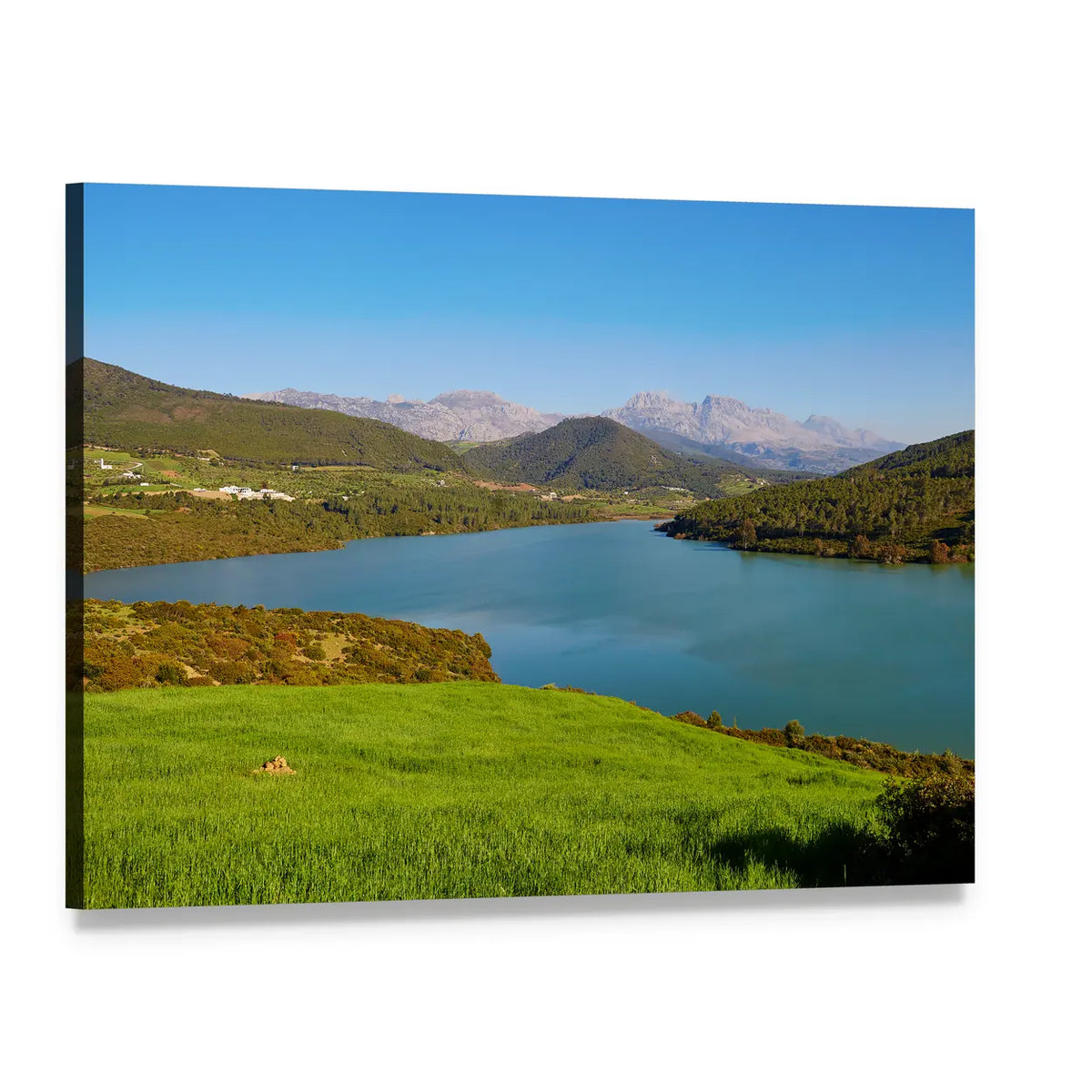 Serene Lake Among Rolling Green Hills Canvas Wall Art, single panel gallery wrapped canvas, angled product view