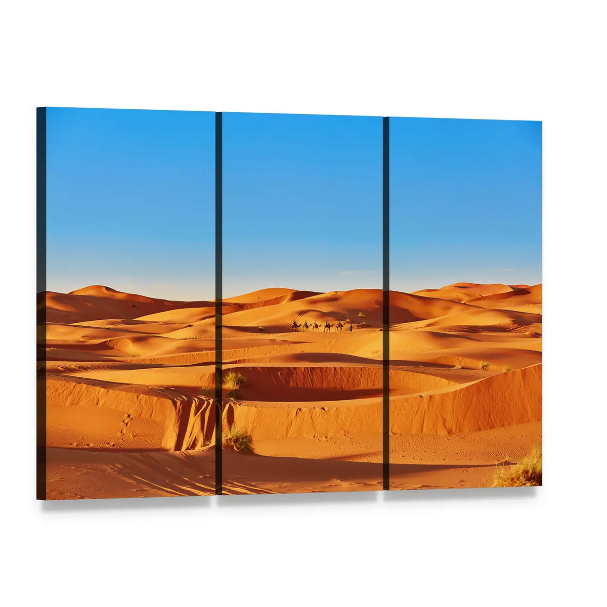 Sahara Dunes with Camel Caravan Canvas Wall Art, 3 panel 3 Horizontal layout gallery wrapped canvas set, angled product view