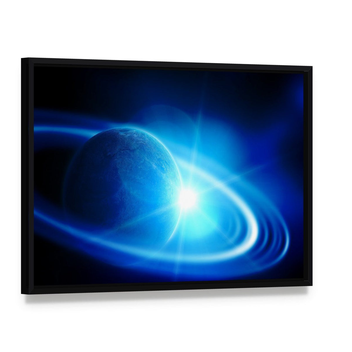 Realistic Saturn in Open Space Canvas Wall Art, framed canvas in a black floater frame, angled product view