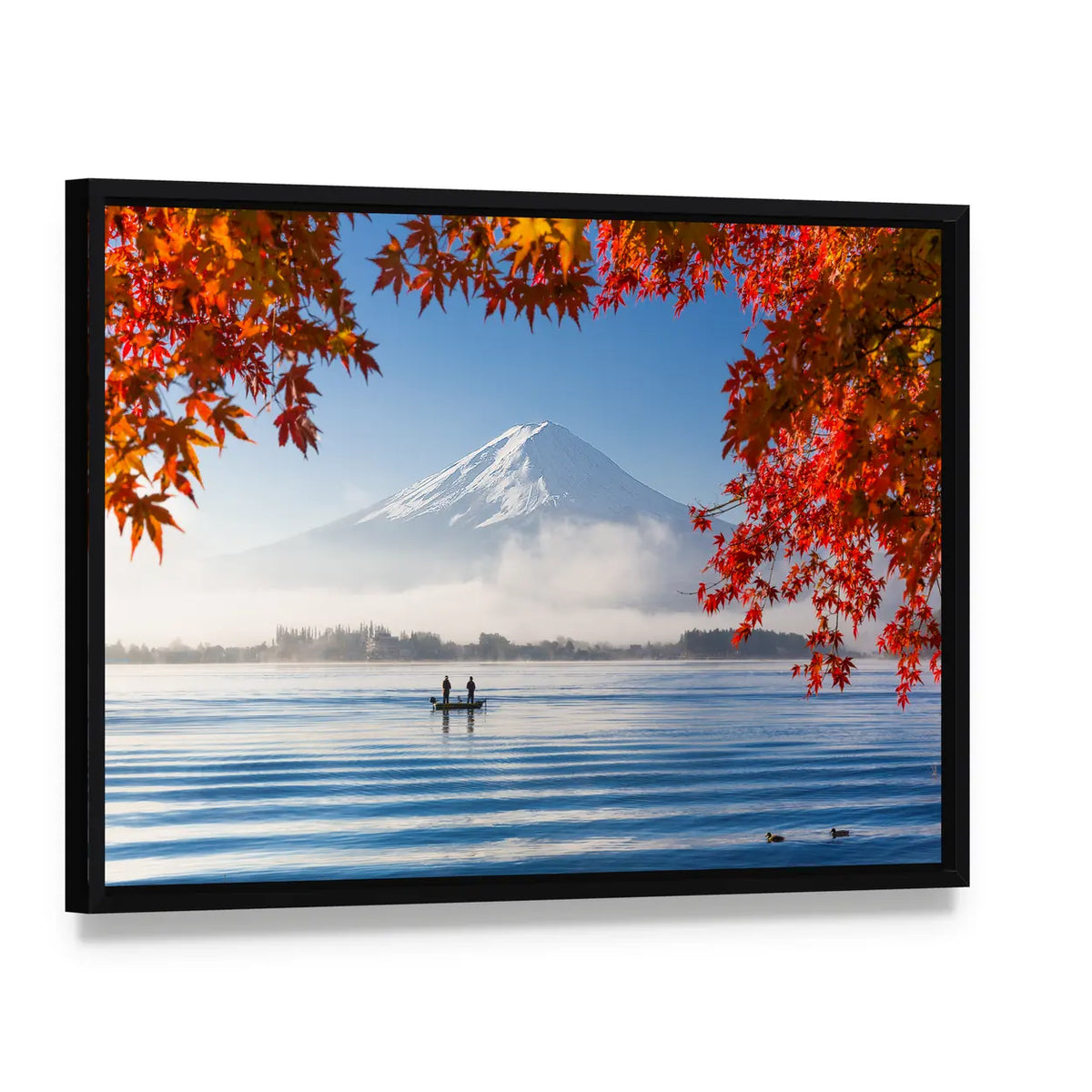Fuji Mountain Lake In Autumn Canvas Wall Art, framed canvas in a black floater frame, angled product view