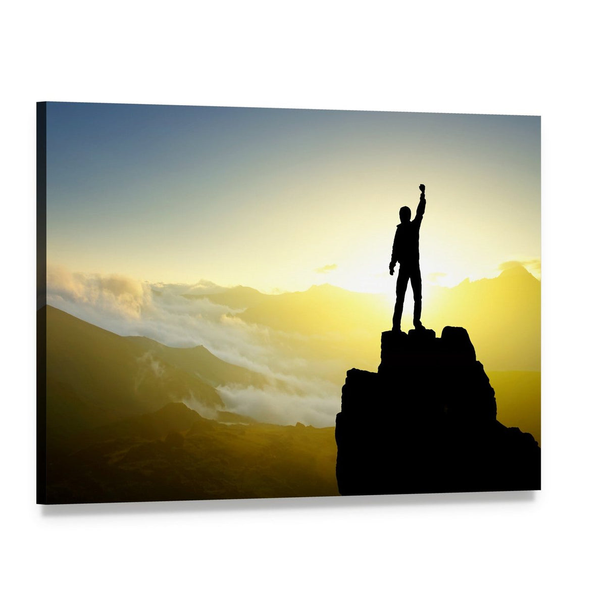Victorious Silhouette on Mountain Peak Canvas Wall Art, single panel gallery wrapped canvas, angled product view