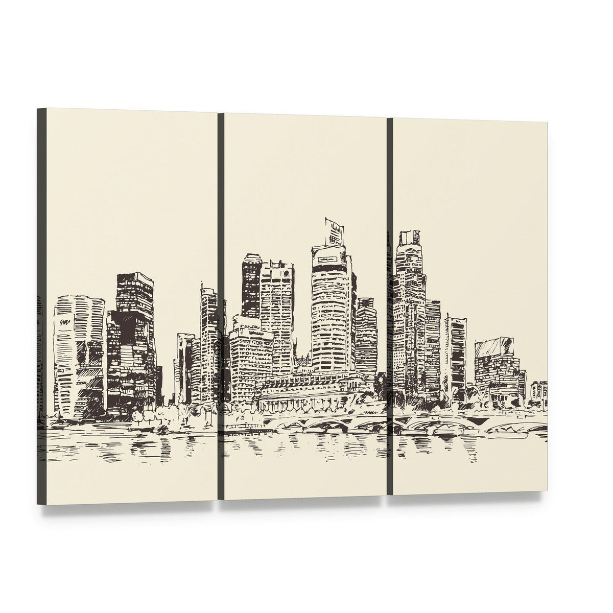 City Skyline Sketch with Waterfront Reflection Canvas Wall Art, 3 panel 3 Horizontal layout gallery wrapped canvas set, angled product view