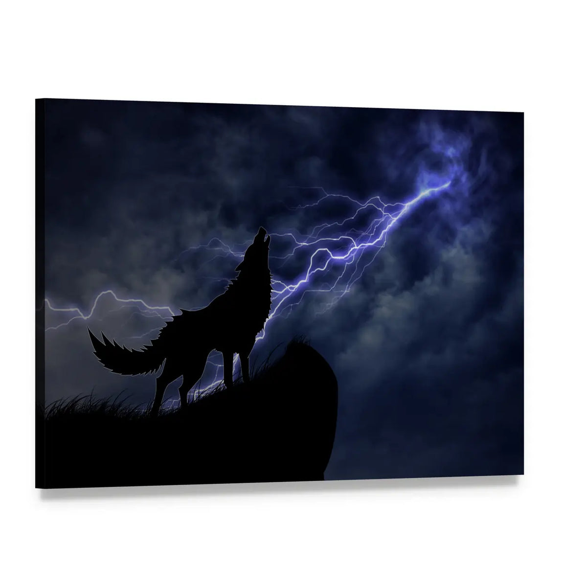 Howling Wolf in Lightning Storm Canvas Wall Art, single panel gallery wrapped canvas, angled product view
