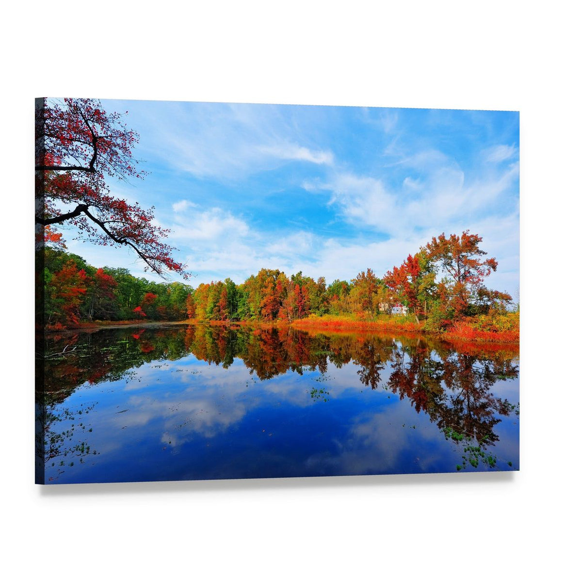 Autumn Pond Reflections Canvas Wall Art, single panel gallery wrapped canvas, angled product view