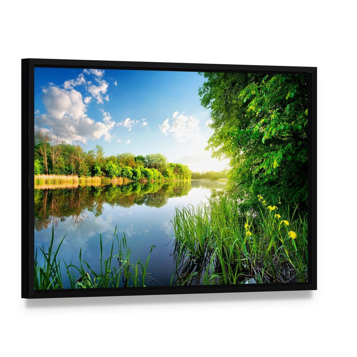 Trees by Calm River in the Morning Canvas Wall Art, framed canvas in a black floater frame, angled product view