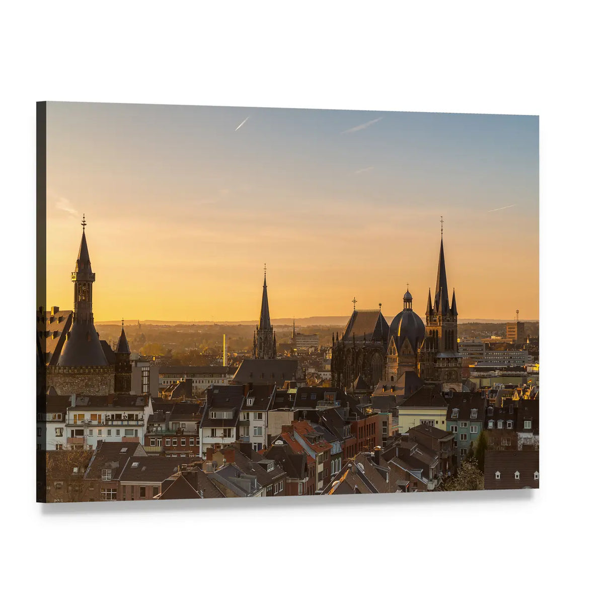 Aachen Cathedral Skyline at Sunset Canvas Wall Art, single panel gallery wrapped canvas, angled product view