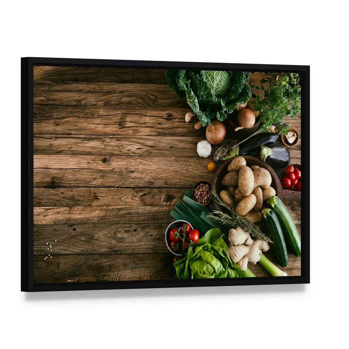Vegetables on Wood Ready for Cooking Canvas Wall Art, framed canvas in a black floater frame, angled product view
